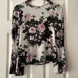 Floral silk top with cinched sleeve detail
